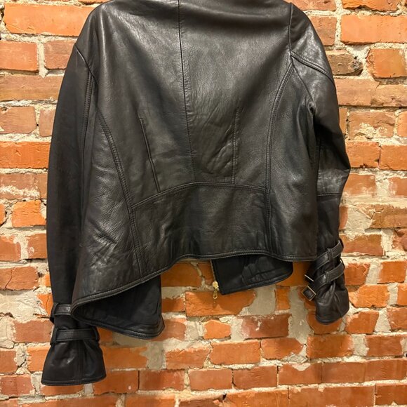 DKNY Lambskin Leather Moto Zip Jacket Black Asymmetrical Buckled Gold Cuff - Picture 2 of 3